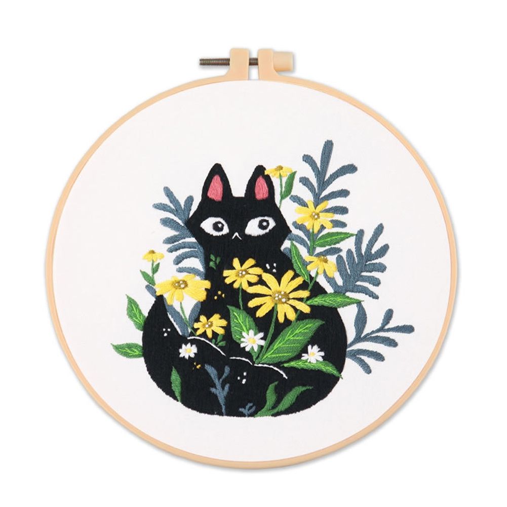 Flower Black Cat Pattern Embroidery Set Needlework Tools Printed Beginner DIY Embroidery Round Cross Stitch Kit Sewing Craft Kit C