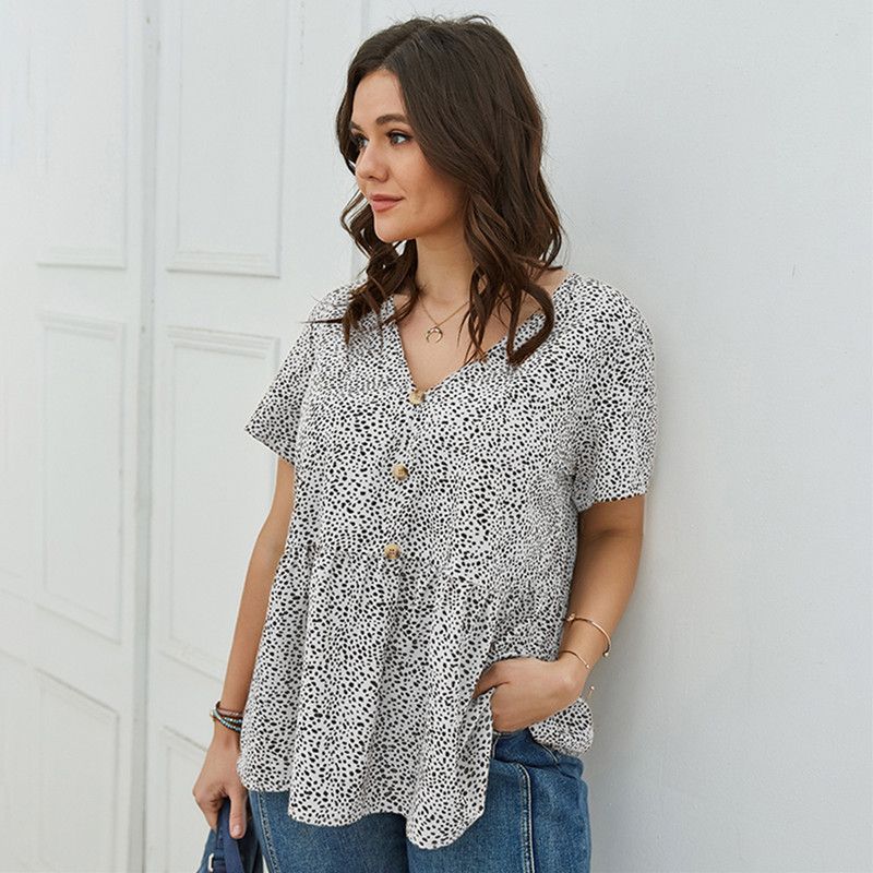 XL-4XL Women V Neck Short Sleeve Leopard Print Plus Size Blouse White 2576