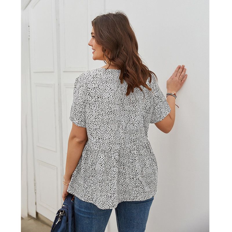 XL-4XL Women V Neck Short Sleeve Leopard Print Plus Size Blouse White 2576
