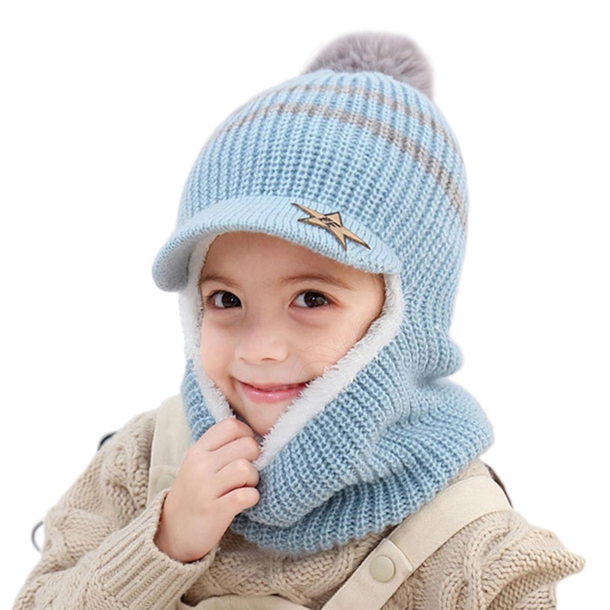 Baby Hat Autumn Winter Unisex Thickened Plush Lining Scarf Cap Sky Blue