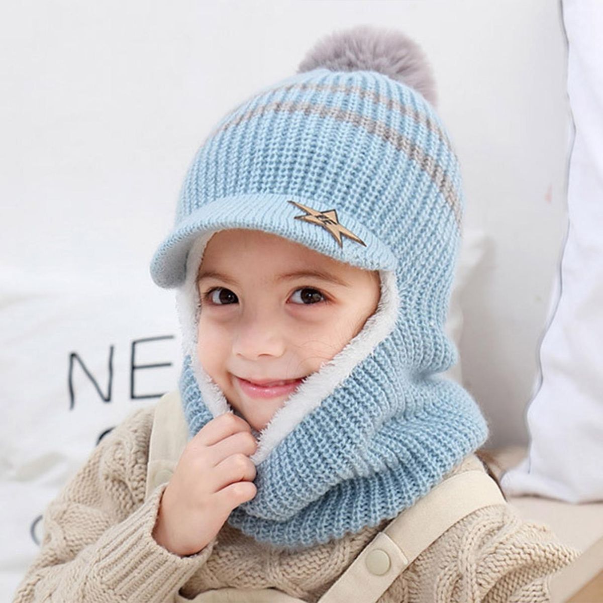 Baby Hat Autumn Winter Unisex Thickened Plush Lining Scarf Cap Sky Blue