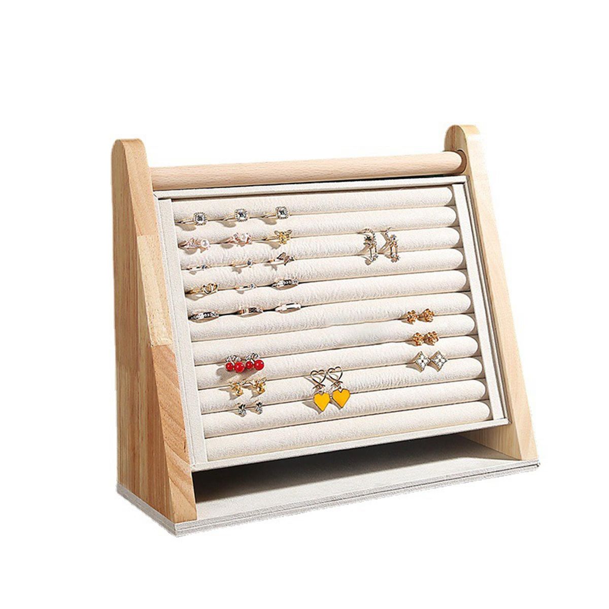 Wood Rings Display Stand Tray Flannel Beige 31x11.5x27cm