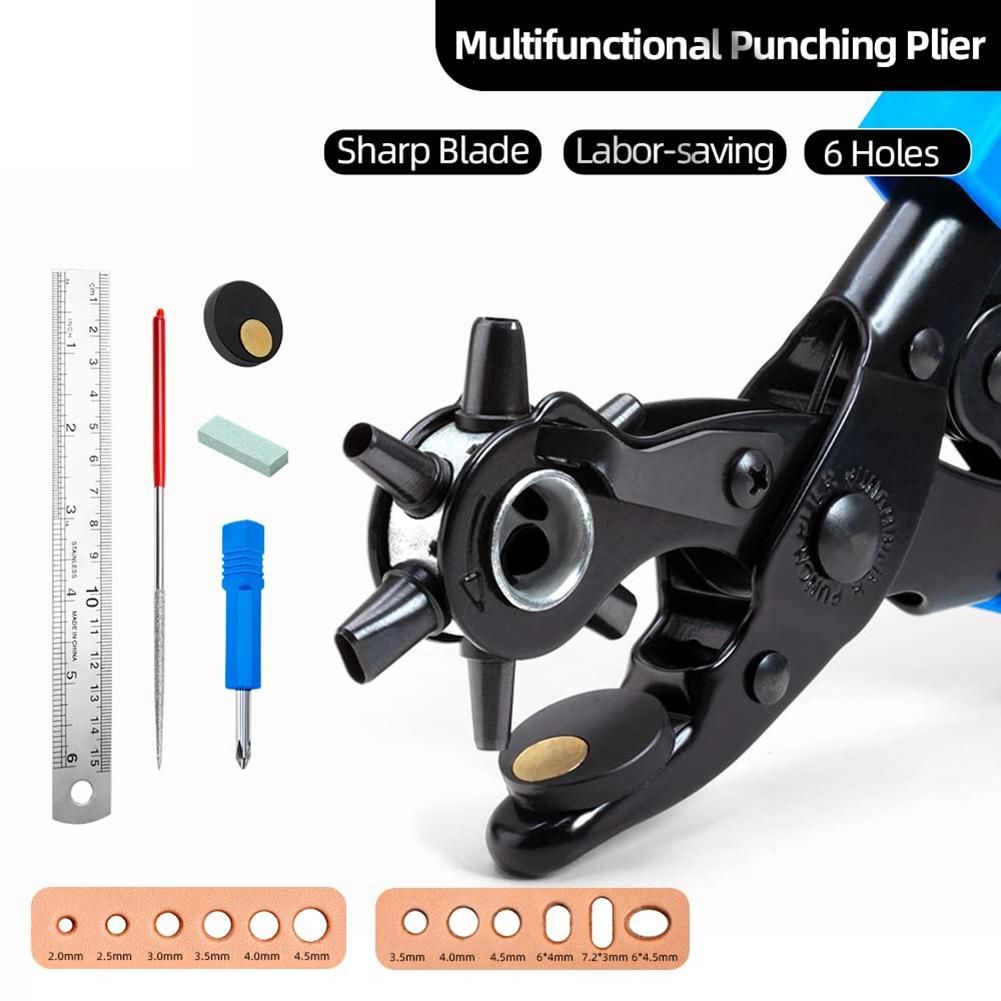 Revolving Leather Belt Hole Punch Plier Kit, Eyelet Puncher,DIY Tool Set for Belts, Watch Bands,Dog Collars, Fabric A