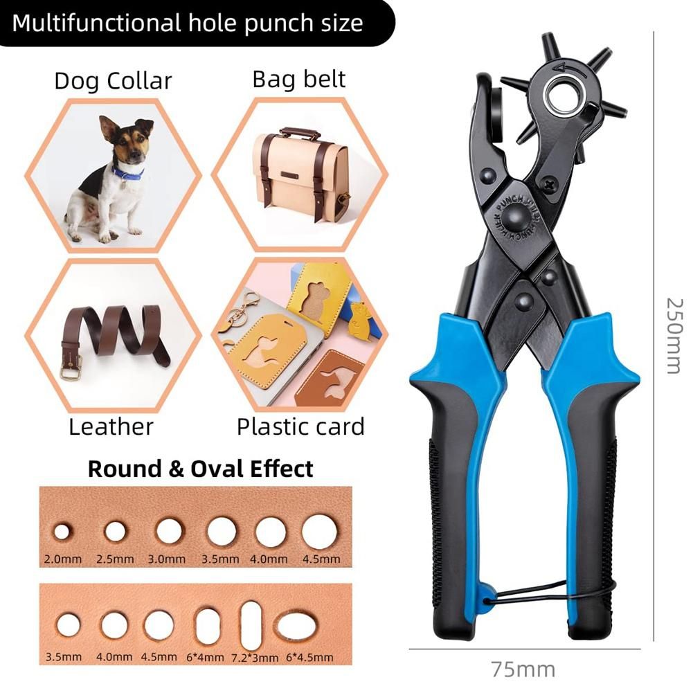 Revolving Leather Belt Hole Punch Plier Kit, Eyelet Puncher,DIY Tool Set for Belts, Watch Bands,Dog Collars, Fabric A