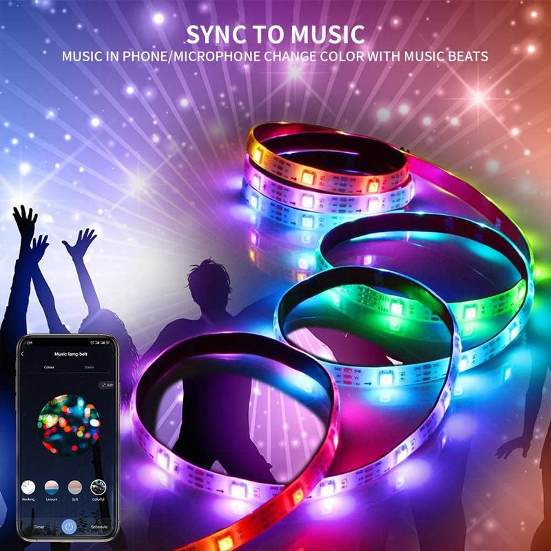 5M 300LEDs Wirelessly Connected RGB Colorful LEDs Strips Light with Controller Supported Wirelessly Connected/ Phones App Control/ Controller/ Voice Control/ DIY Customed Lighting Setting/ Music Sync/ 5 Levels Brightness Spee