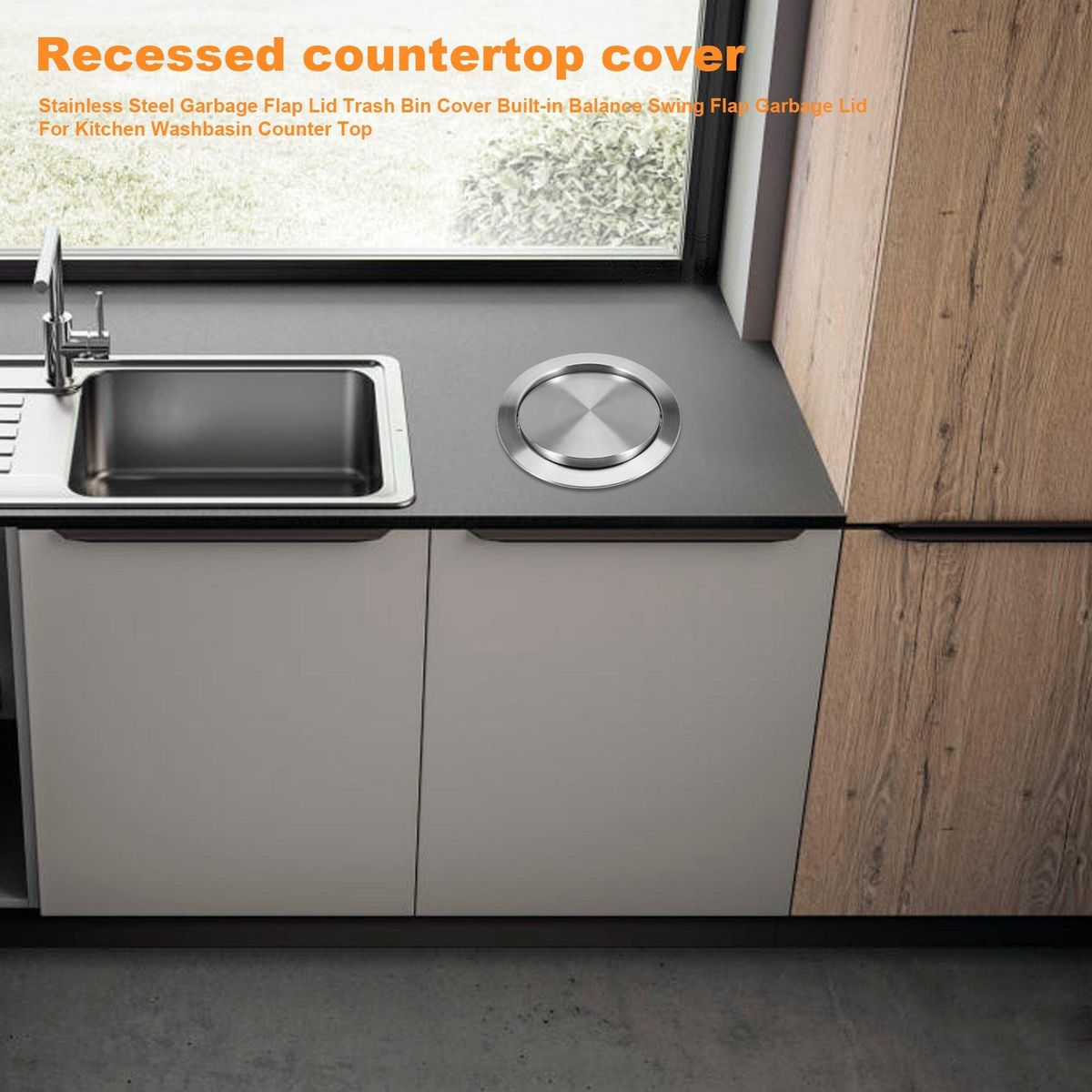 Stainless Steel Garbage Flap Lid Trash Bin Cover Built-in Balance Swing Flap Garbage Lid for Kitchen Counter Top D