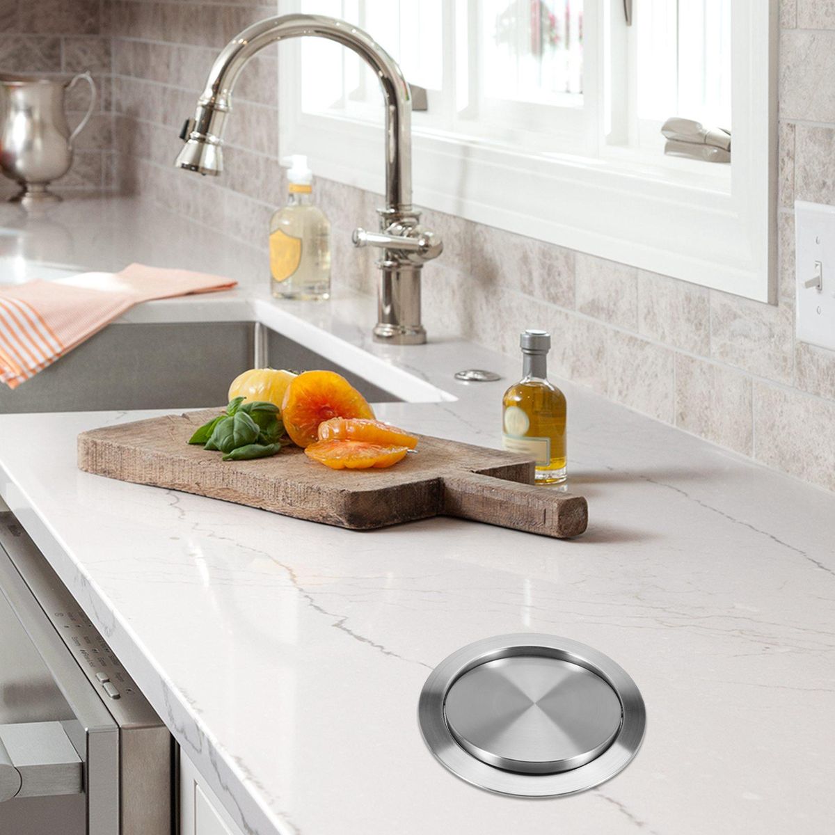 Stainless Steel Garbage Flap Lid Trash Bin Cover Built-in Balance Swing Flap Garbage Lid for Kitchen Counter Top D