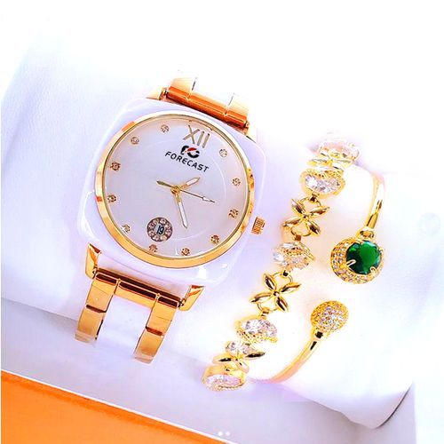 Absolute Beauty & Fancy Gold/White Wristwatch + Double Wrist Bracelet For Sexy Ladies