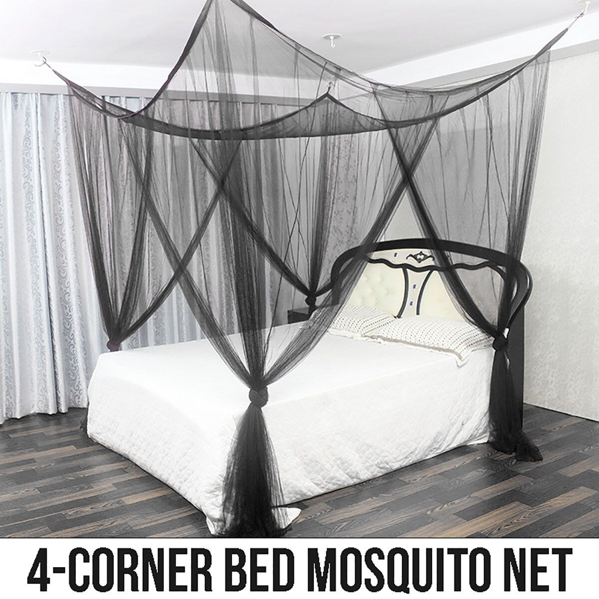 Mosquito Net Polyester Fabric Protection Bedding 4-Corner Bed Netting Canopy Black