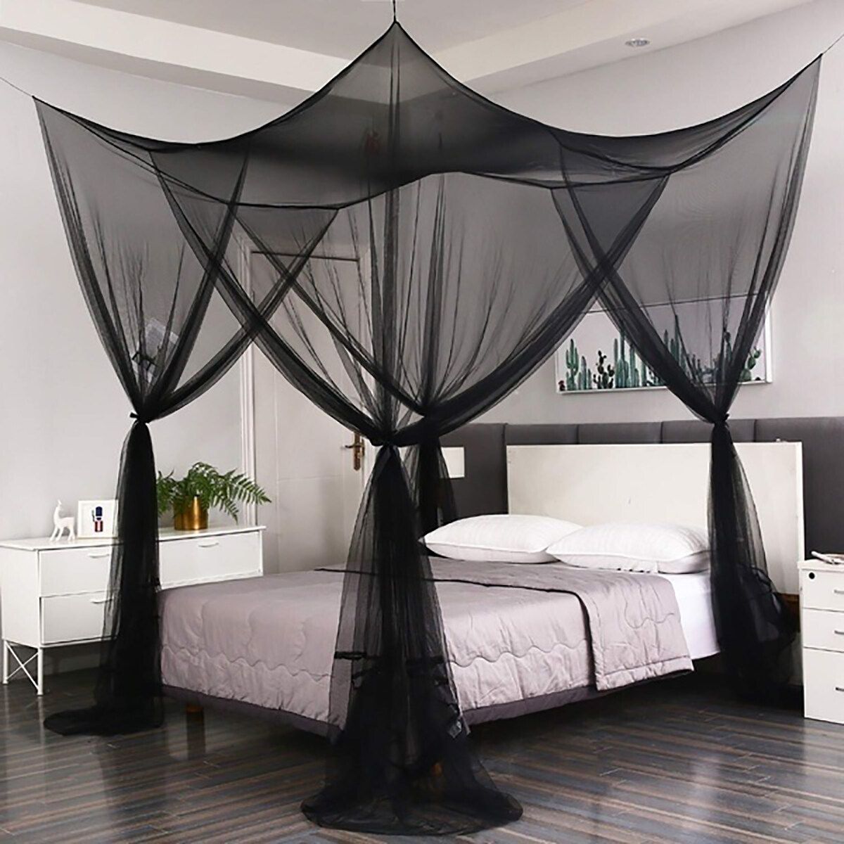 Mosquito Net Polyester Fabric Protection Bedding 4-Corner Bed Netting Canopy Black