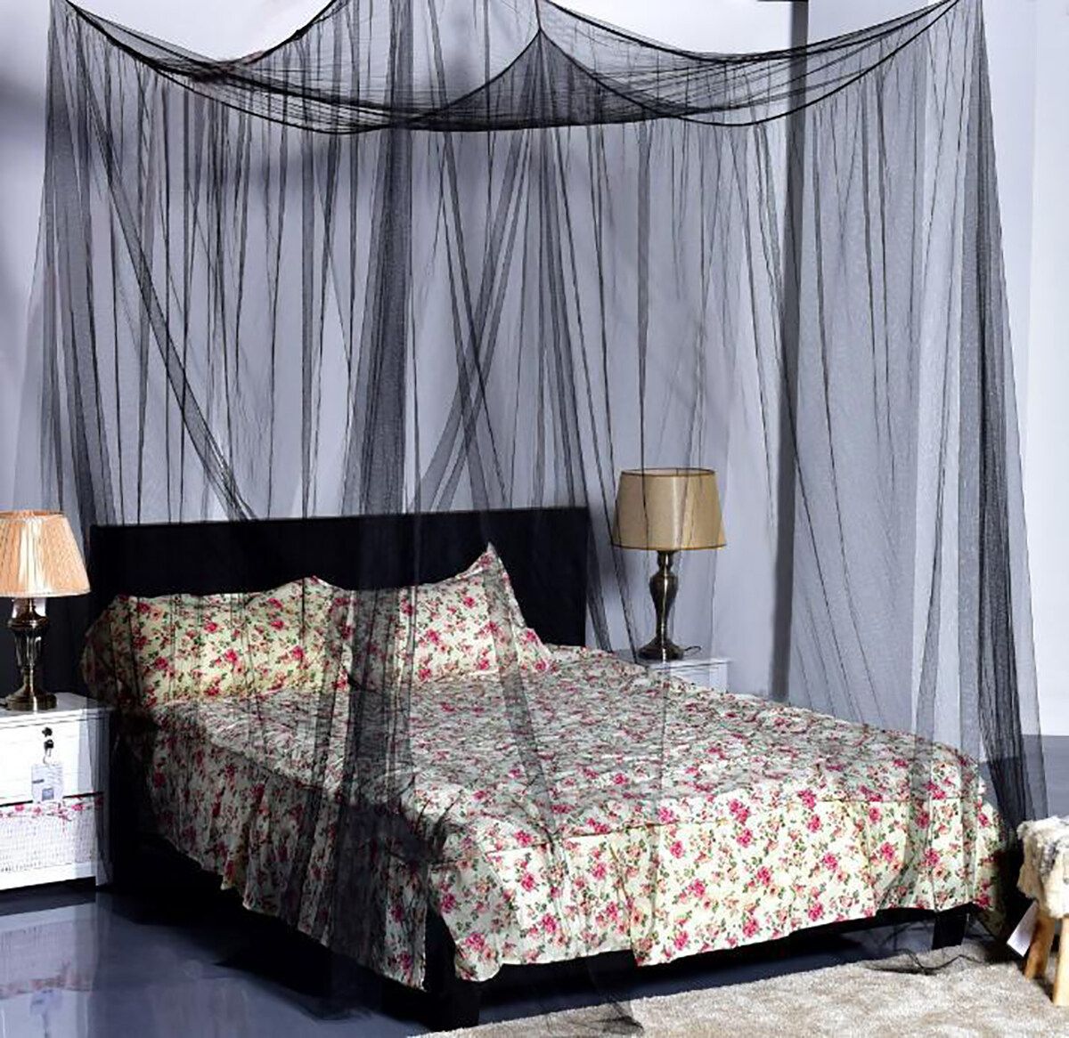 Mosquito Net Polyester Fabric Protection Bedding 4-Corner Bed Netting Canopy Black