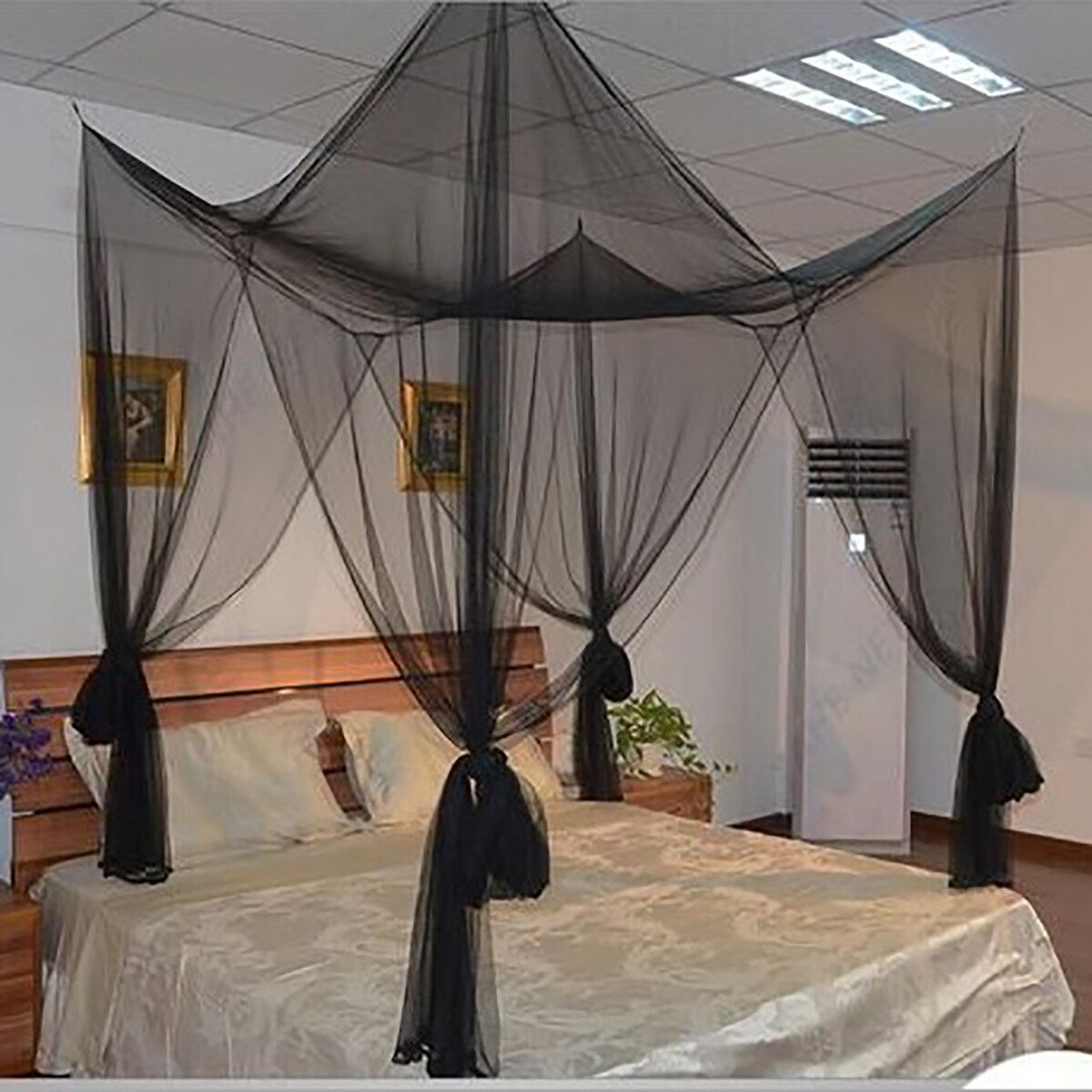 Mosquito Net Polyester Fabric Protection Bedding 4-Corner Bed Netting Canopy Black