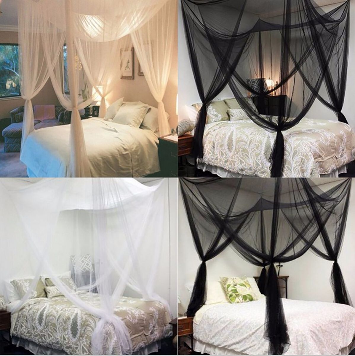 Mosquito Net Polyester Fabric Protection Bedding 4-Corner Bed Netting Canopy Black