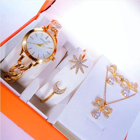 First Class Gold Ladies Wrist Watch + First Class Wrist Bracelet/Ring/Jewelry Set For Pretty Damsel