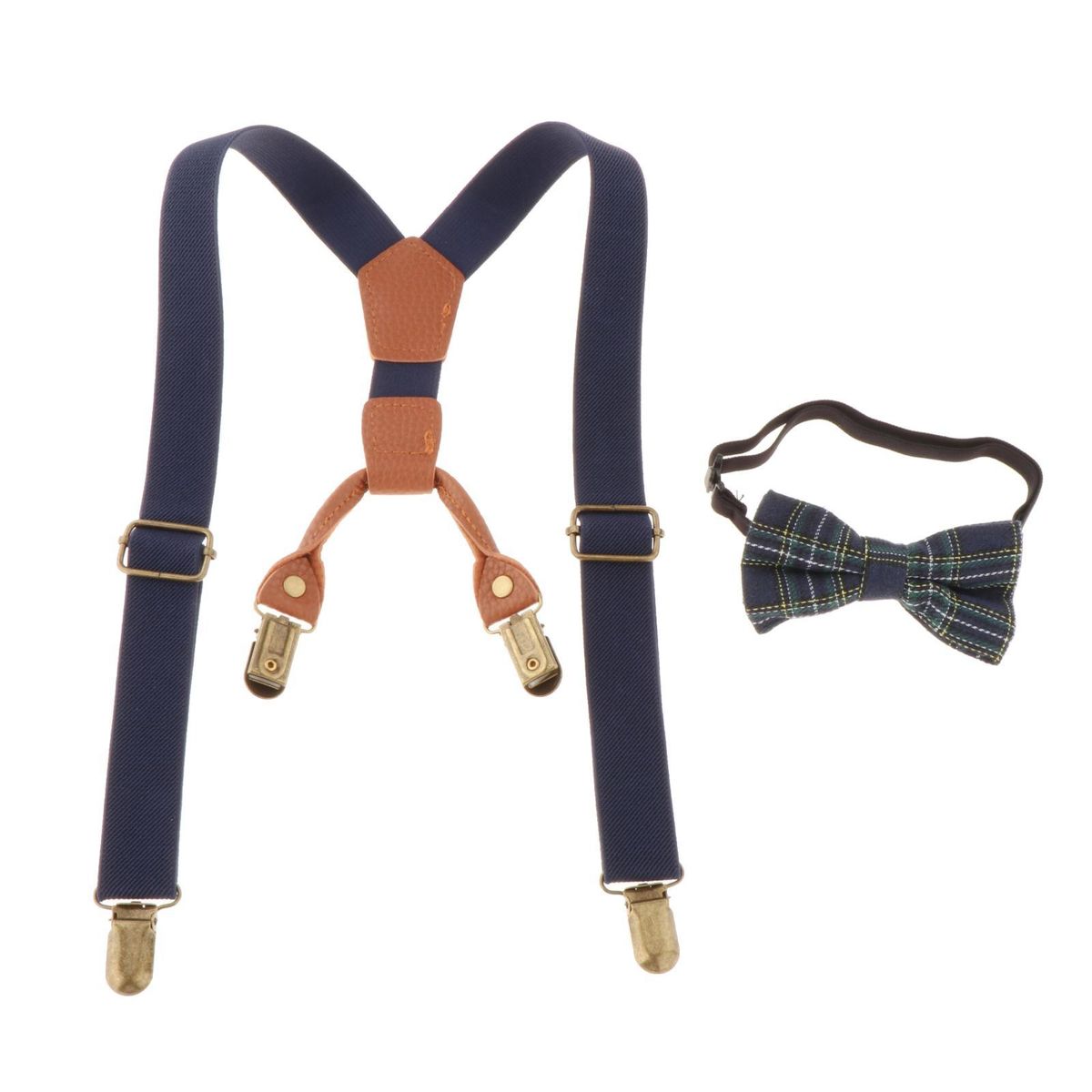 Kids Suspenders & Bowtie Set Elastic 4 Clips Pants Braces For Blue
