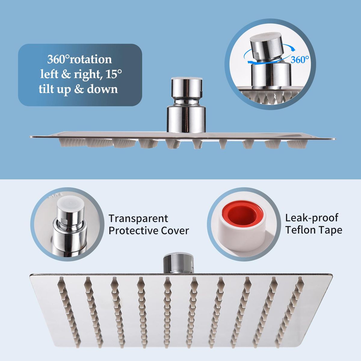 8 Inch Square Rain Showerhead G1/2 High Pressure Shower Head Bathroom Swivel Shower Head Super Thin Stainless Steel Bath Rain Shower Head Replacement