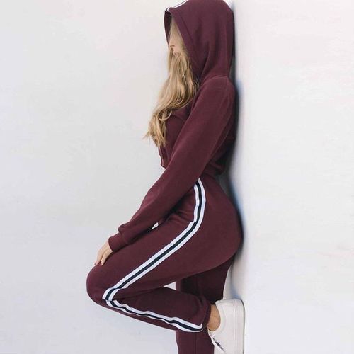Tracksuit 2pcs Women Set Hoodies Crop Top Sweatshirt+Side Stripe Pants Hooded 2 Pieces Sets Women Clothing Suits Female（#Pink）