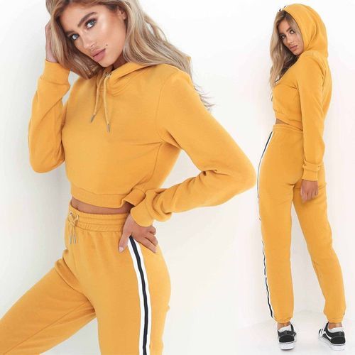 Tracksuit 2pcs Women Set Hoodies Crop Top Sweatshirt+Side Stripe Pants Hooded 2 Pieces Sets Women Clothing Suits Female（#Pink）