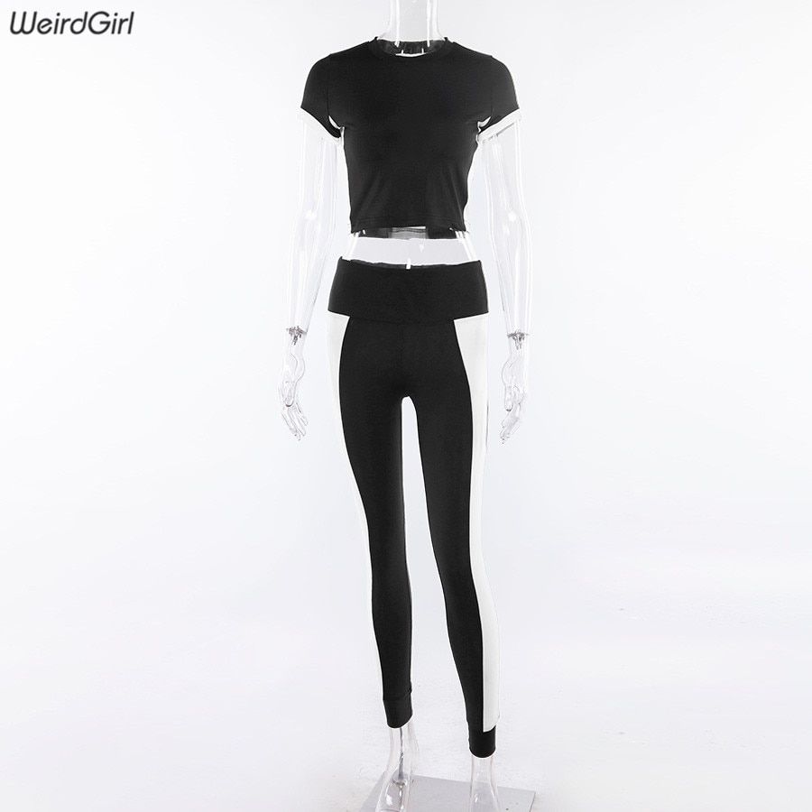 Weirdgirl Women Basic Elastic Slim Fitness Wear Two Pieces Sets New Popular Patchwork Black White Tops T-shirt Sports Leggings（#Black）