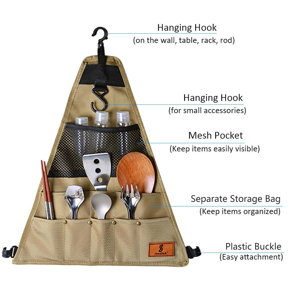 Outdoor Cookware Hanging Rack Foldable Portable Campsite Storage Rack with Storage Bag Hooks