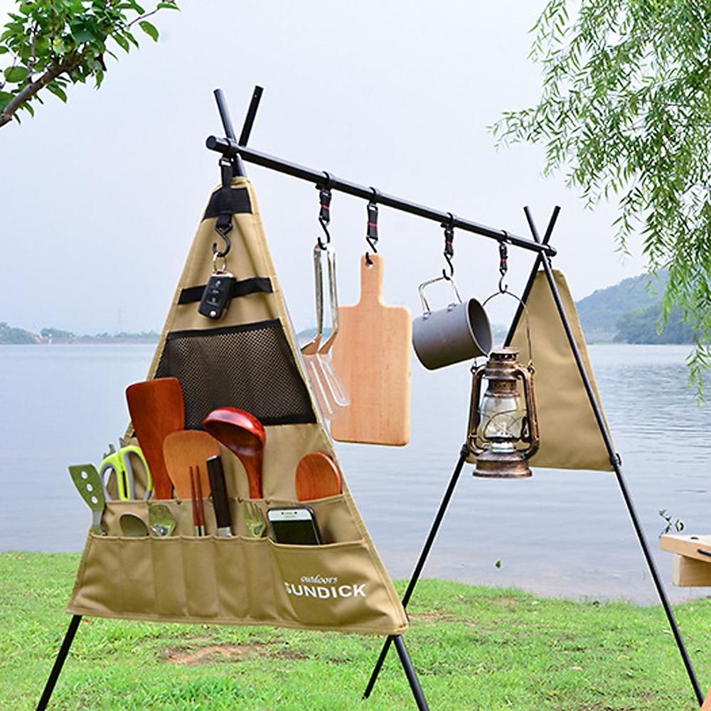 Outdoor Cookware Hanging Rack Foldable Portable Campsite Storage Rack with Storage Bag Hooks