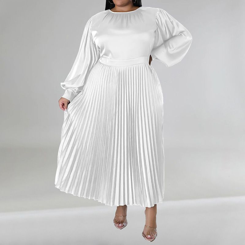 (White)Plus Size Clothes Women Silk Like Fabric Pleat Fairy Skirt Fashion Autumn Winter Round Neck Solid Long Sleeve Party Maxi Dress SAB
