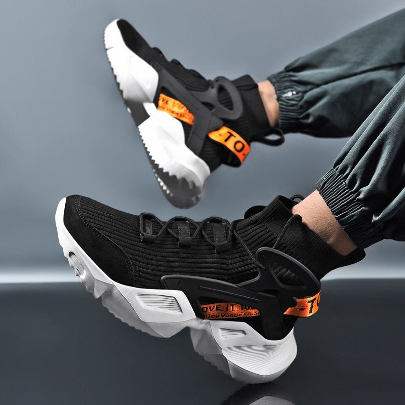 High-top Socks Sneakers Men Shoes Size 45 46 Elastic Knit Upper Breathable Sport Shoes High Top Basketball Shoes For Men Jogging Shoes Trend Street Thick Bottom Casual Chunky Platform Sneakers Black
