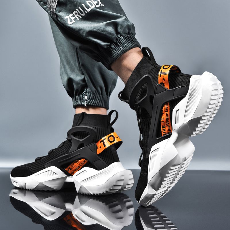 High-top Socks Sneakers Men Shoes Size 45 46 Elastic Knit Upper Breathable Sport Shoes High Top Basketball Shoes For Men Jogging Shoes Trend Street Thick Bottom Casual Chunky Platform Sneakers Black