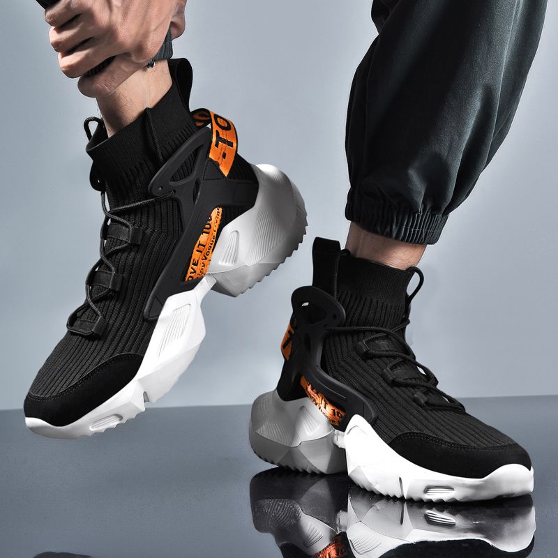 High-top Socks Sneakers Men Shoes Size 45 46 Elastic Knit Upper Breathable Sport Shoes High Top Basketball Shoes For Men Jogging Shoes Trend Street Thick Bottom Casual Chunky Platform Sneakers Black