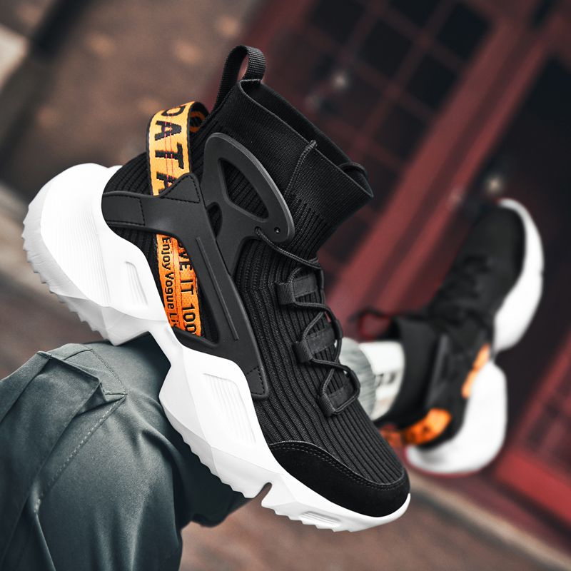 High-top Socks Sneakers Men Shoes Size 45 46 Elastic Knit Upper Breathable Sport Shoes High Top Basketball Shoes For Men Jogging Shoes Trend Street Thick Bottom Casual Chunky Platform Sneakers Black