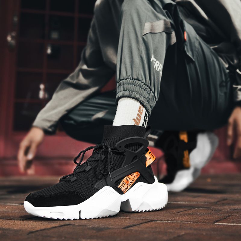 High-top Socks Sneakers Men Shoes Size 45 46 Elastic Knit Upper Breathable Sport Shoes High Top Basketball Shoes For Men Jogging Shoes Trend Street Thick Bottom Casual Chunky Platform Sneakers Black
