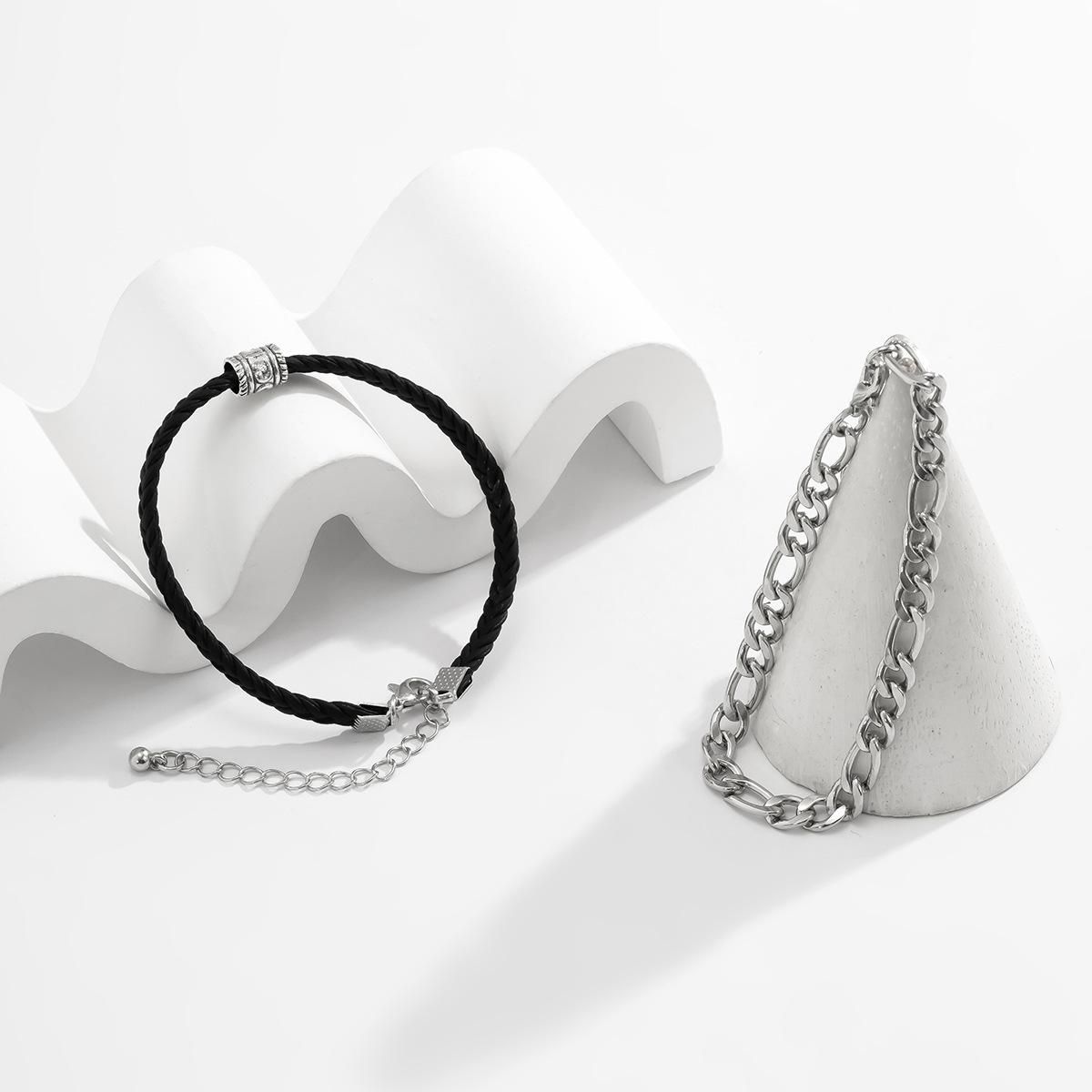 Metal Iron Chain With Pu Bracelet Simple Double Layer Men's Bracelet