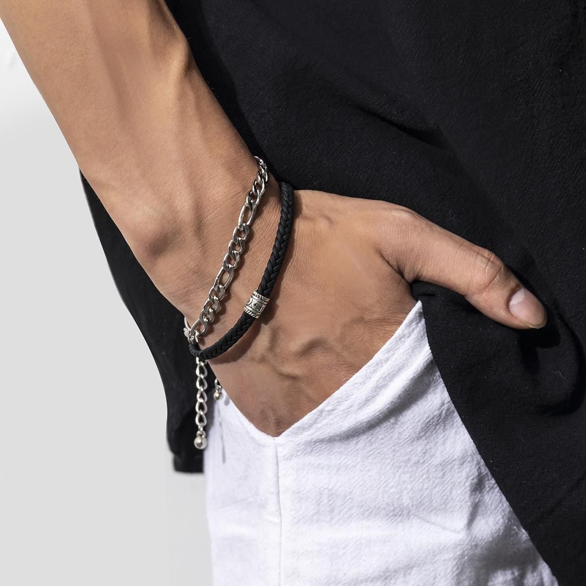 Metal Iron Chain With Pu Bracelet Simple Double Layer Men's Bracelet