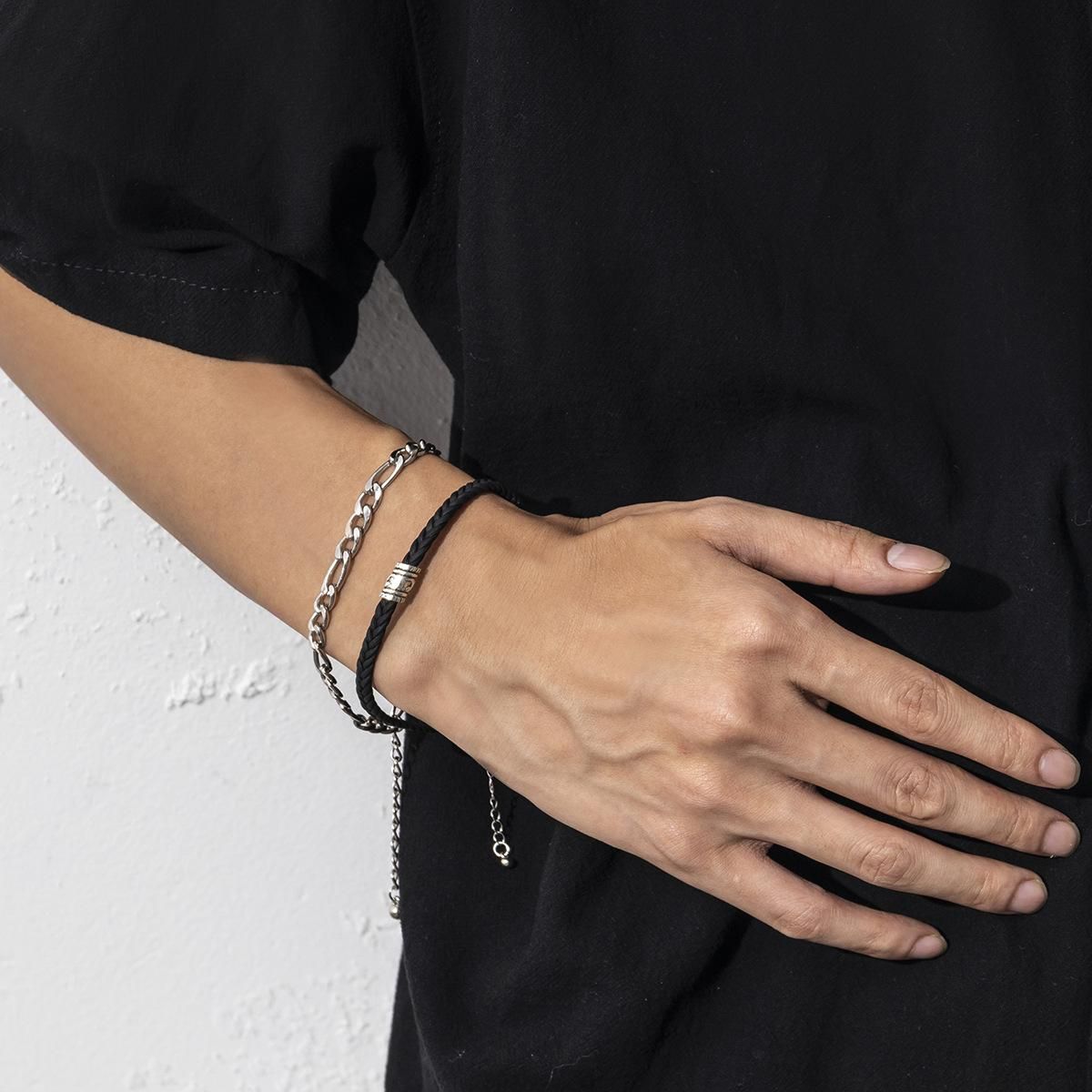 Metal Iron Chain With Pu Bracelet Simple Double Layer Men's Bracelet