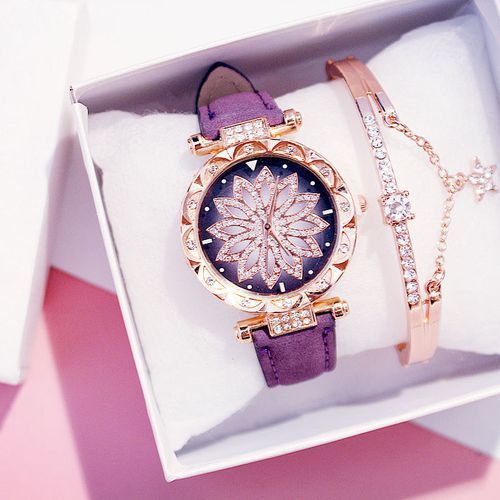 Ladies Flower Leather Quartz Watches +Bracelet Set Purple