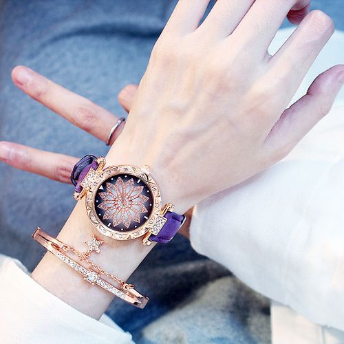Ladies Flower Leather Quartz Watches +Bracelet Set Purple