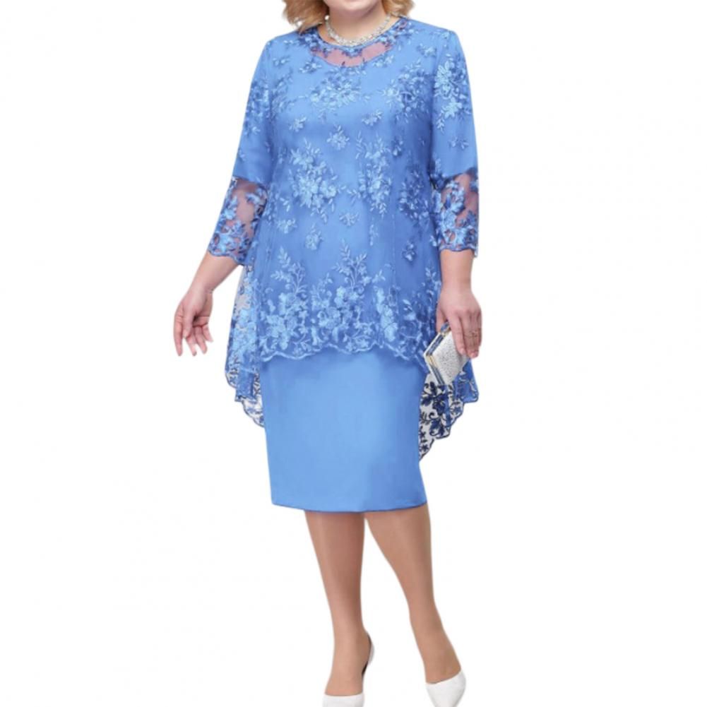 (Sky Blue)Elegant Dress Attractive Soft Texture Lady Dress Embroidery Lace 3/4 Sleeve Lady Plus Size Evening Dress For Party SAB