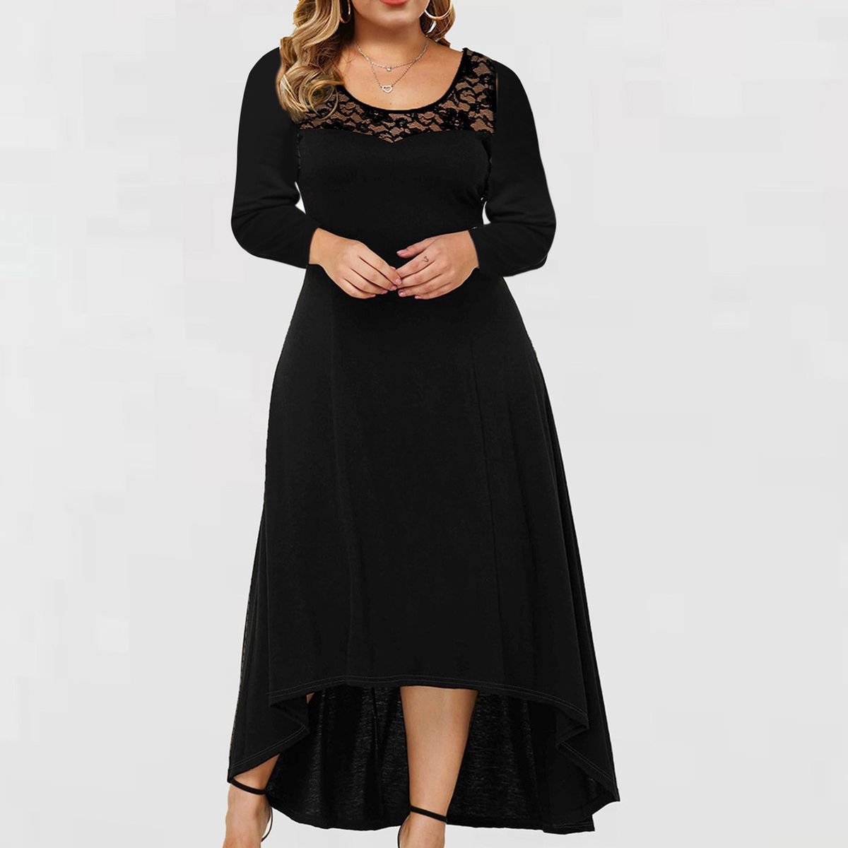 (Black)Women Plus Size Casual Solid Lace Dress  O Neck Loose Long Sleeve Irregular Lace Stitching Long Dress Elegant Formal Dresses SAB