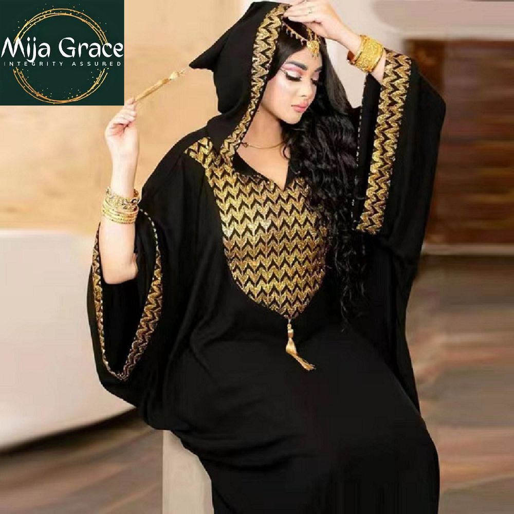 {MijaGrace} Women's Modest Middle East Large Loosed Kurti Abaya Muslim Dress With Headscarf - BLACK