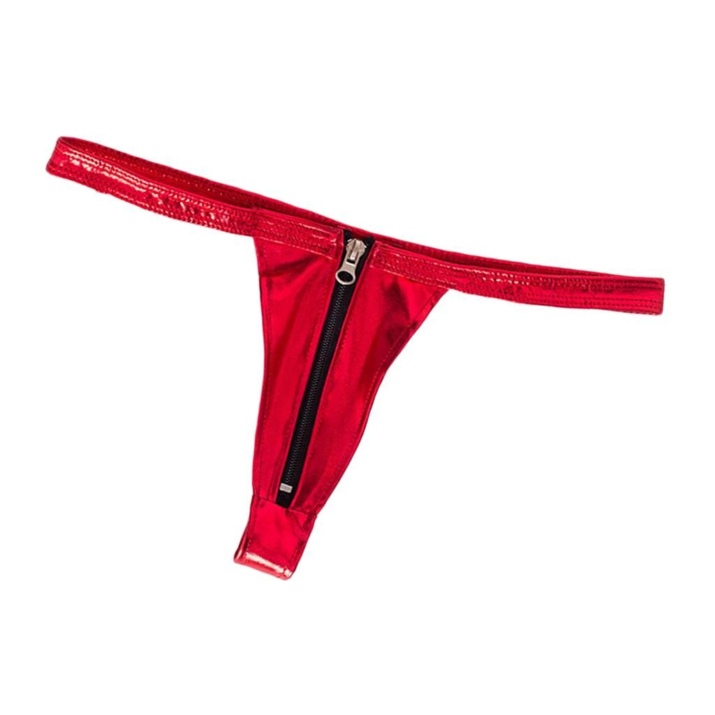 Womens Leather Zip Up Open Front Thong G String Nightwear - , 66 Red