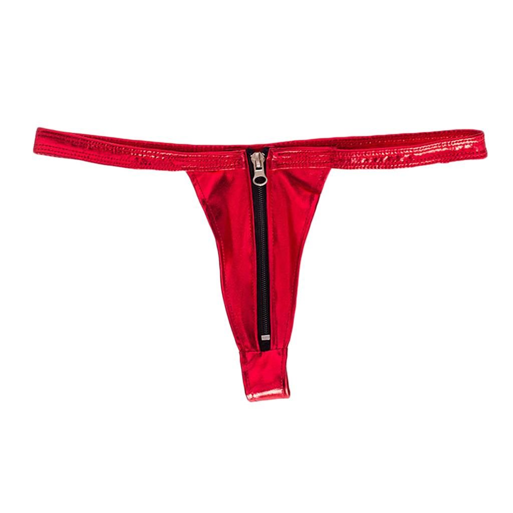 Womens Leather Zip Up Open Front Thong G String Nightwear - , 66 Red