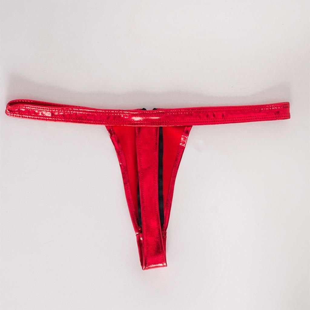 Womens Leather Zip Up Open Front Thong G String Nightwear - , 66 Red