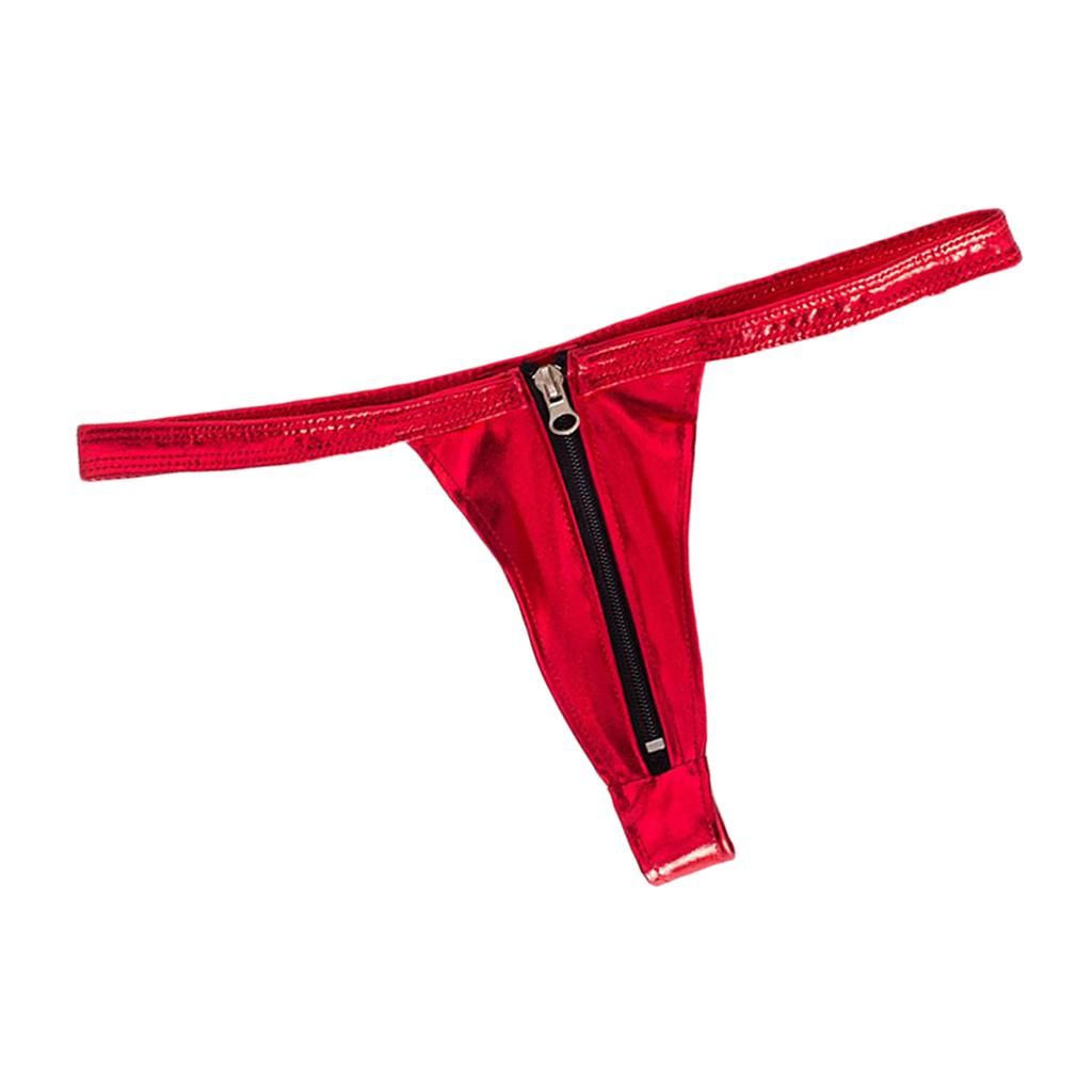 Womens Leather Zip Up Open Front Thong G String Nightwear - , 66 Red