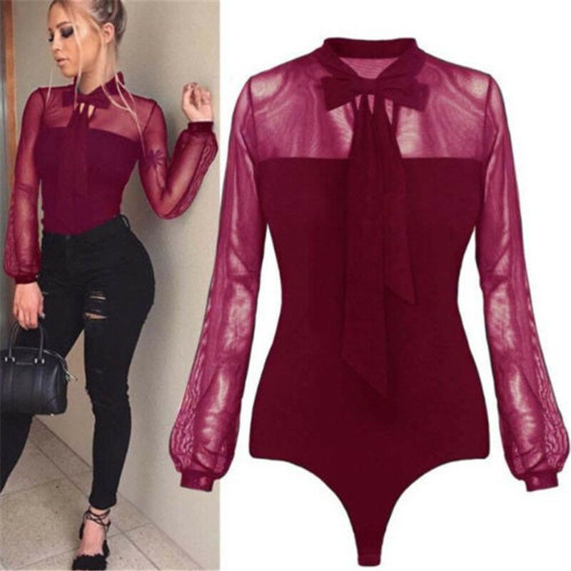 New Summer Bodysuit Women Sexy Bow Black Mock Neck Patchwork Long Sleeve Back Ladies Lace Mesh Bodysuit Transparent Tops(#Black)