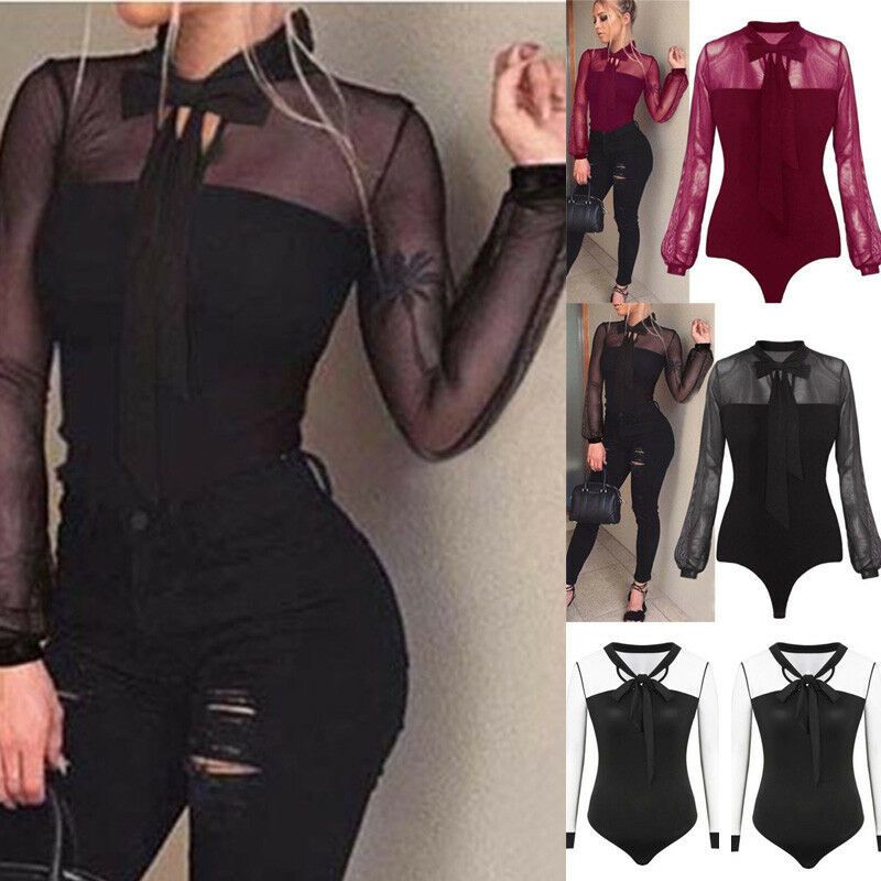 New Summer Bodysuit Women Sexy Bow Black Mock Neck Patchwork Long Sleeve Back Ladies Lace Mesh Bodysuit Transparent Tops(#Black)