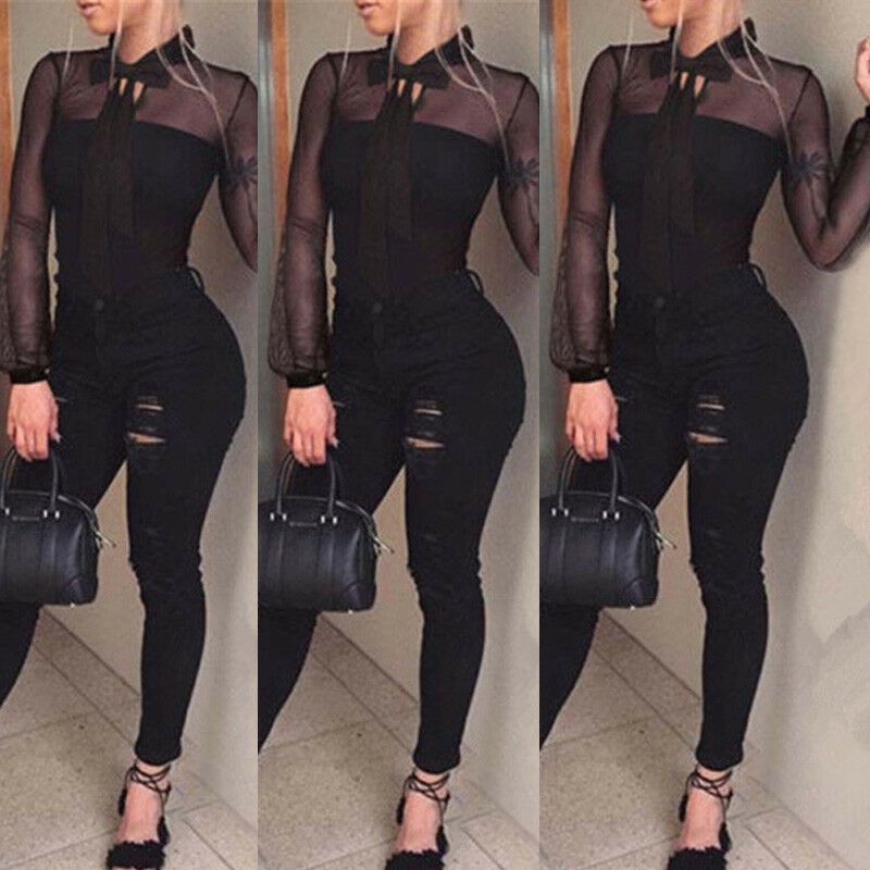 New Summer Bodysuit Women Sexy Bow Black Mock Neck Patchwork Long Sleeve Back Ladies Lace Mesh Bodysuit Transparent Tops(#Black)