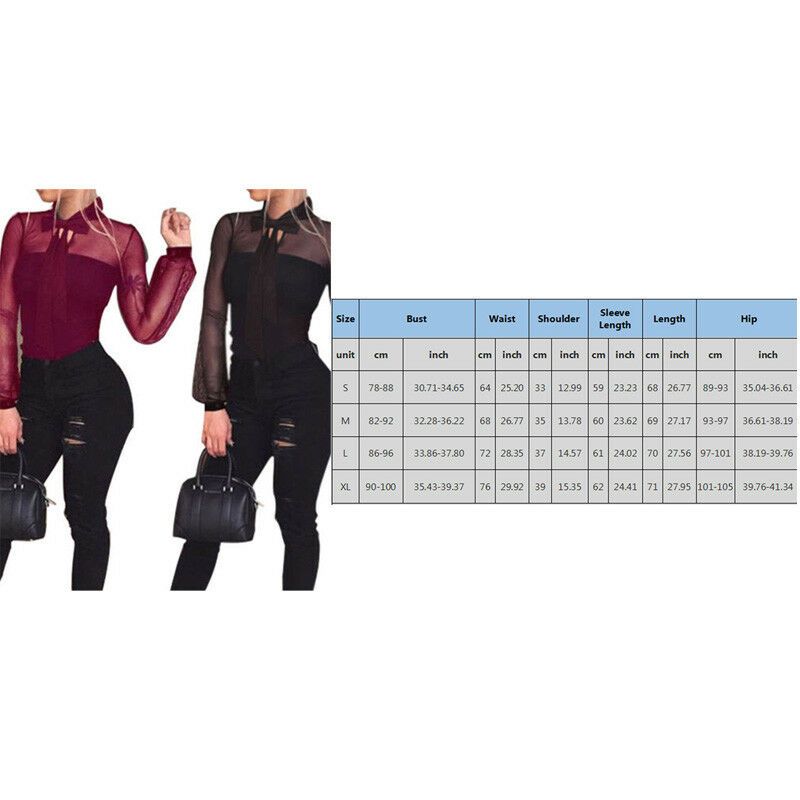New Summer Bodysuit Women Sexy Bow Black Mock Neck Patchwork Long Sleeve Back Ladies Lace Mesh Bodysuit Transparent Tops(#Black)