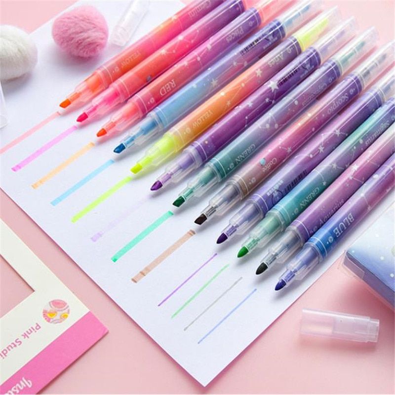 12 Colors Double-headed Highlighter Painting Pen Cute Diary