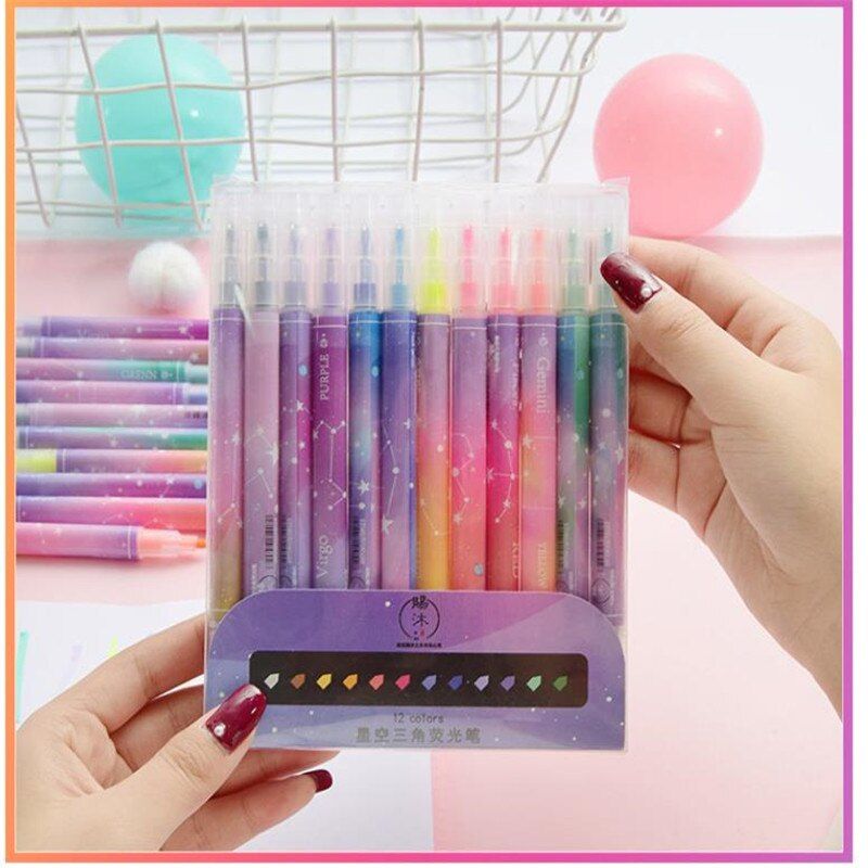 12 Colors Double-headed Highlighter Painting Pen Cute Diary