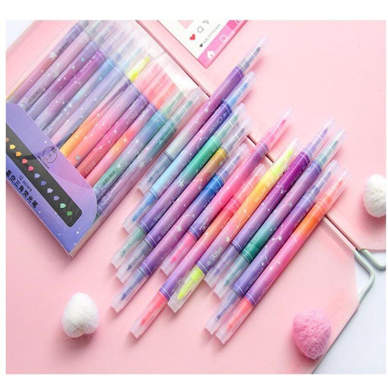 12 Colors Double-headed Highlighter Painting Pen Cute Diary